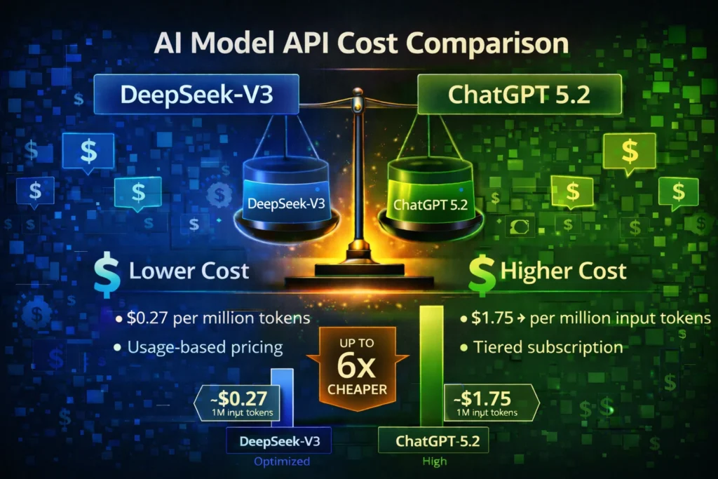 DeepSeek-V3 और ChatGPT 5.2 की API pricing तुलना, जिसमें प्रति मिलियन input tokens की लागत का अंतर दिखाया गया है