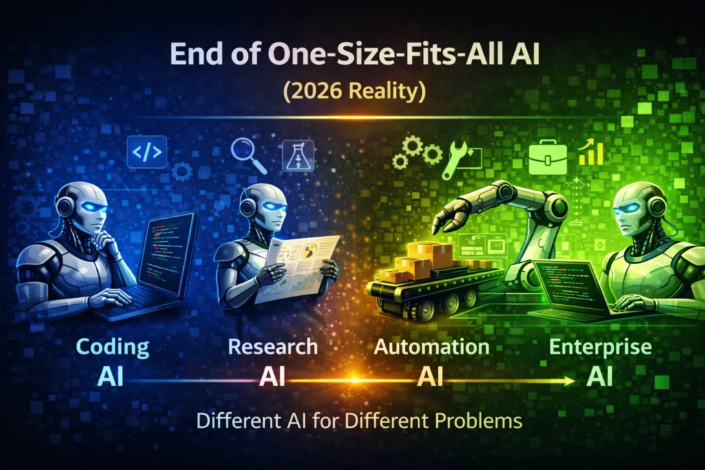 2026 में one-size-fits-all AI के दौर के खत्म होने को दिखाती हुई illustration, जहाँ coding, research, automation और enterprise के लिए अलग-अलग AI मॉडल दिखाए गए हैं