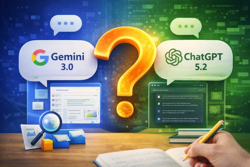 Gemini 3.0 और ChatGPT 5.2 से जुड़े अक्सर पूछे जाने वाले सवालों (FAQ) को दर्शाती हुई image, जहाँ दोनों Artificial Intelligence models की तुलना दिखाई गई है