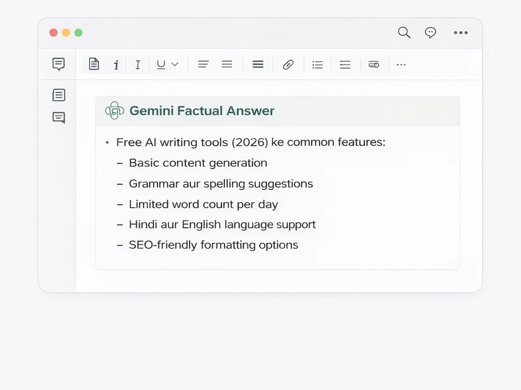 Gemini factual answer का उदाहरण, जिसमें 2026 के free AI writing tools की मुख्य विशेषताओं को तथ्यात्मक रूप में दिखाया गया है