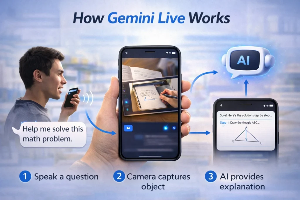Gemini Live Tutorial Hindi में step-by-step process दिखाता हुआ camera, voice और AI response
