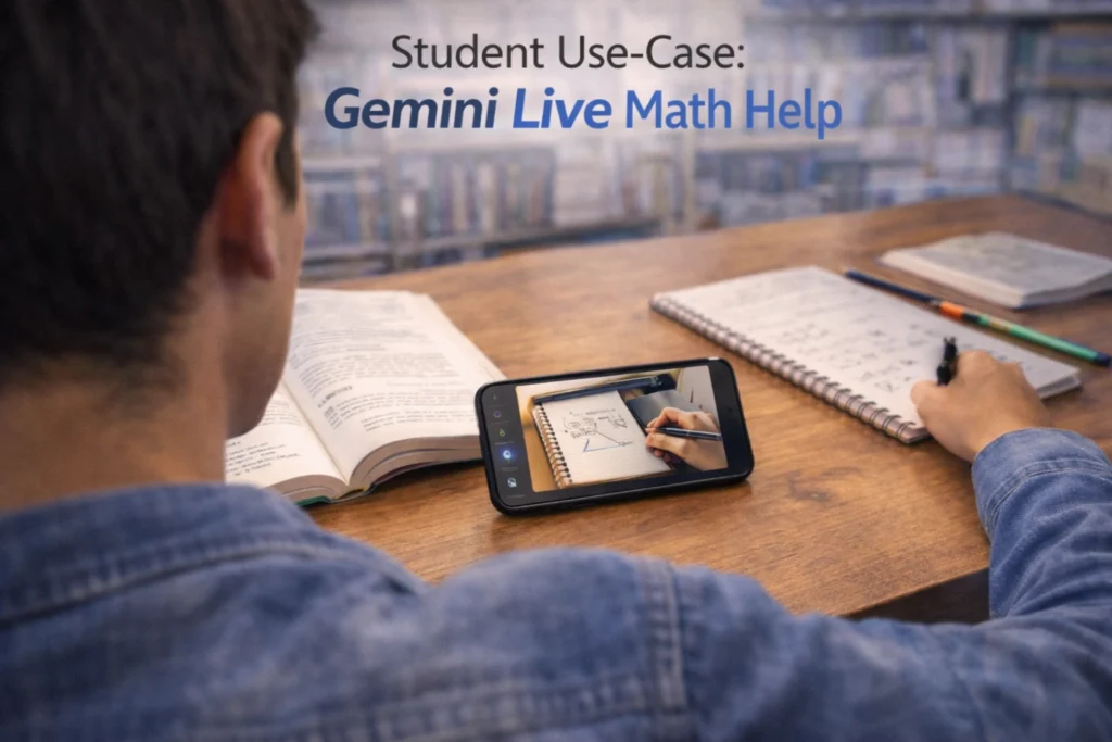 Gemini Live में student camera से maths problem दिखाकर AI से solution लेते हुए