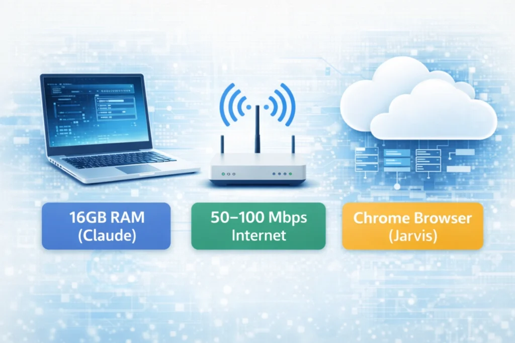Infrastructure gap for AI Agents showing 16GB RAM for Claude, fast internet and Chrome browser for Jarvis