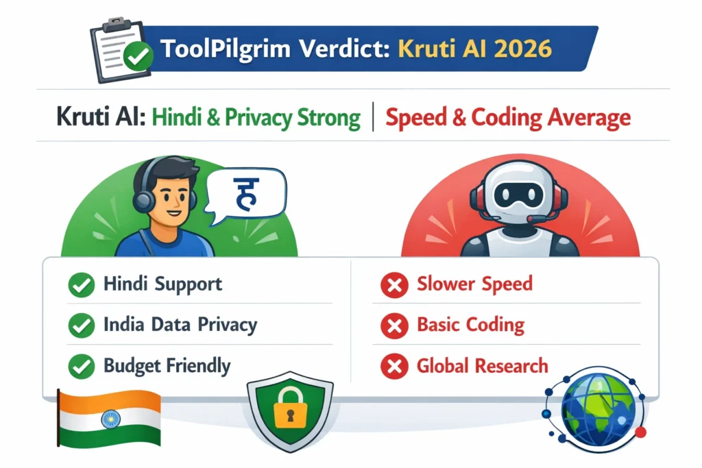 ToolPilgrim verdict image for Kruti AI 2026 showing Hindi support, data privacy and pricing strengths