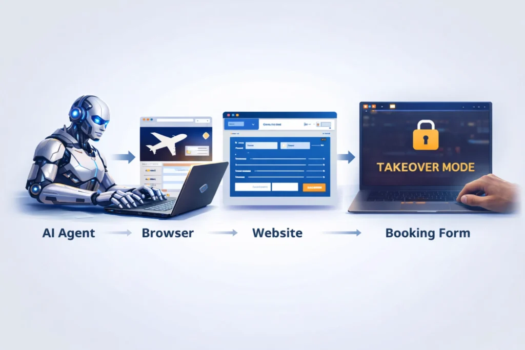 OpenAI Project Operator का कार्य प्रवाह जिसमें AI ब्राउज़र खोलकर वेबसाइट पर फॉर्म भरता है