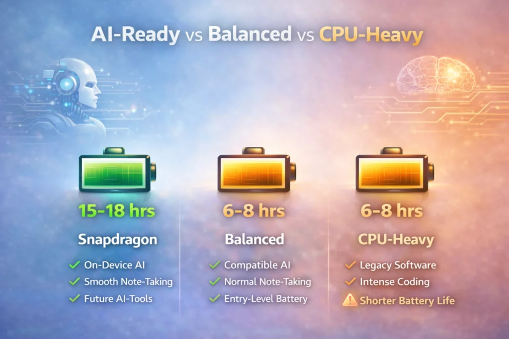 AI-Ready vs Balanced vs CPU-Heavy laptops battery life comparison for Best Budget AI Laptops for Students