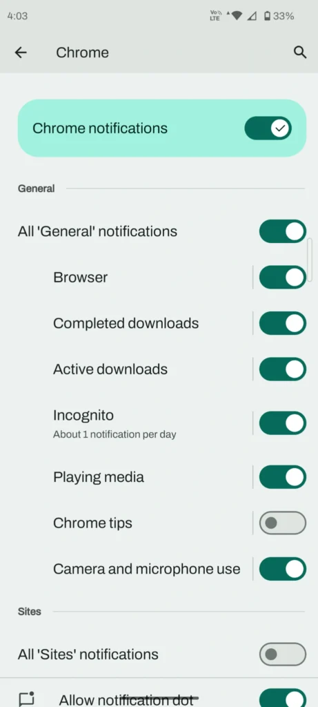 फोन में ads रोकने के लिए Chrome notification setting