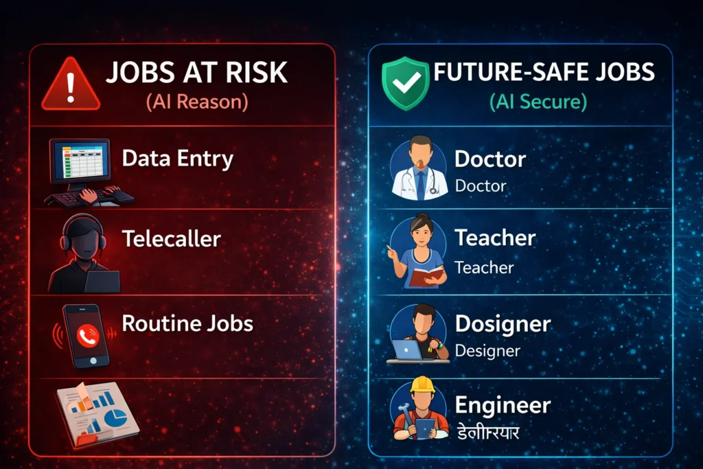 AI jobs future infographic showing jobs at risk and future safe jobs list