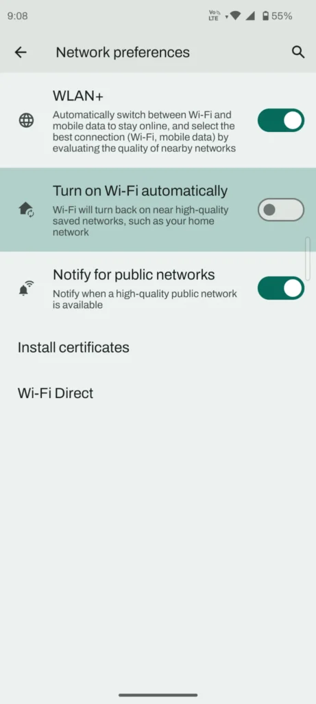 Android Network Preferences में Turn on Wi-Fi automatically setting दिखाई दे रही है