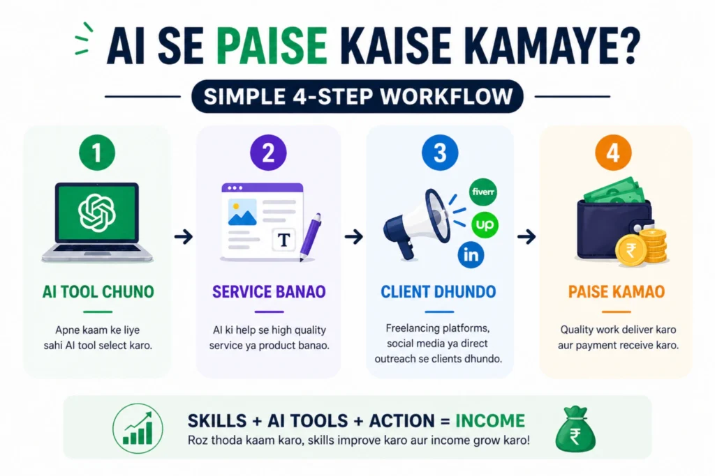 AI se paise kamane ka simple 4 step workflow infographic Hindi me