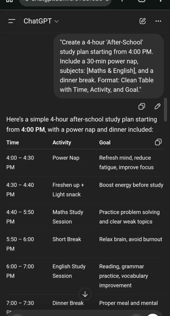 ChatGPT se AI study timetable banane ka example screenshot