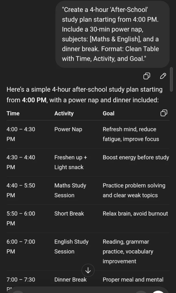 AI se study timetable banane ka example screenshot