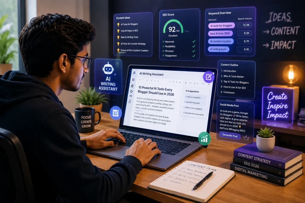 Blogger using AI writing assistant and SEO content planning tools