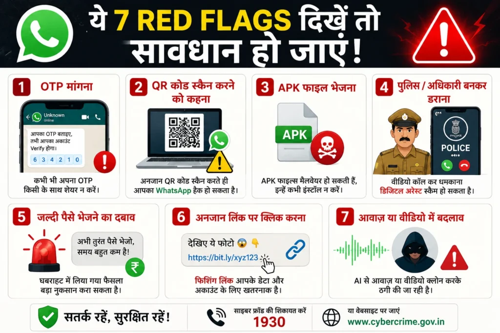 WhatsApp scam red flags infographic in Hindi