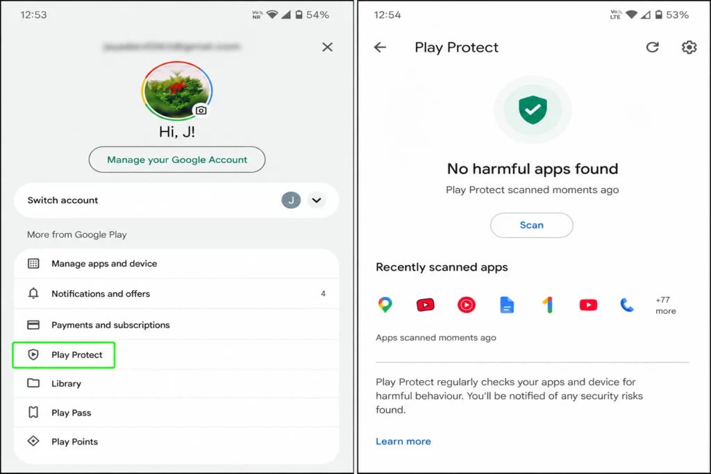 Google Play Protect ke madhyam se Android phone me harmful apps scan karte hue screenshot