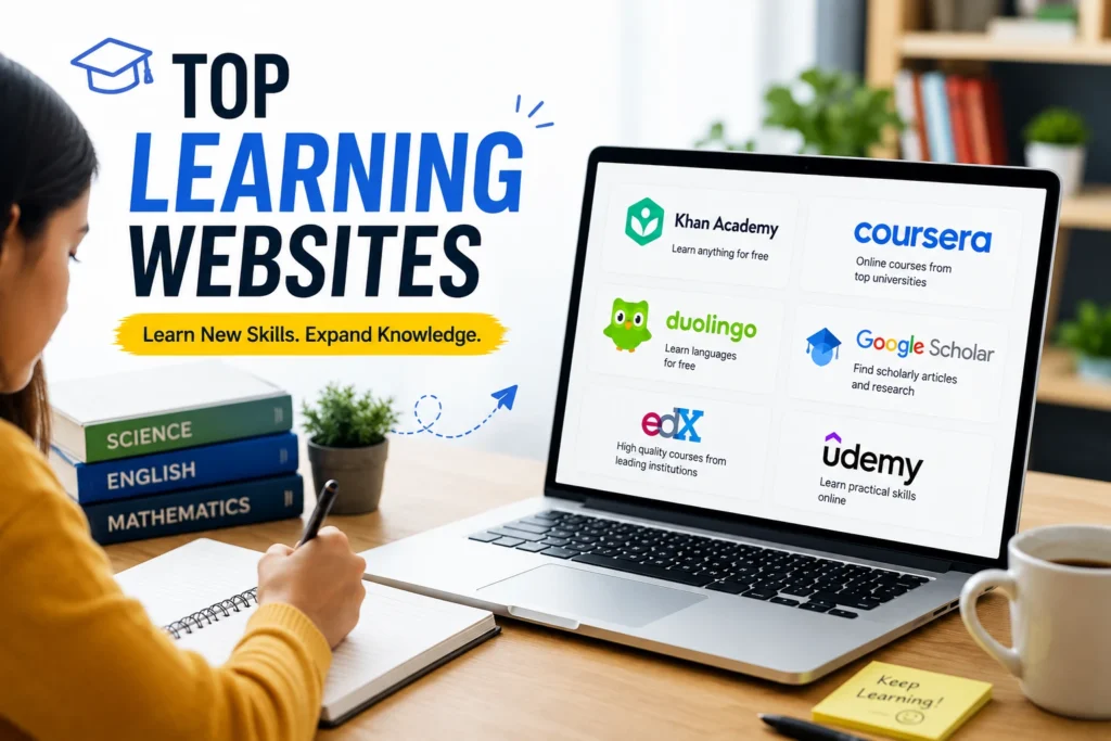 ऑनलाइन पढ़ाई के लिए उपयोगी Learning Websites जैसे Khan Academy, Coursera, Duolingo और Google Scholar दिखाती हुई फीचर इमेज।