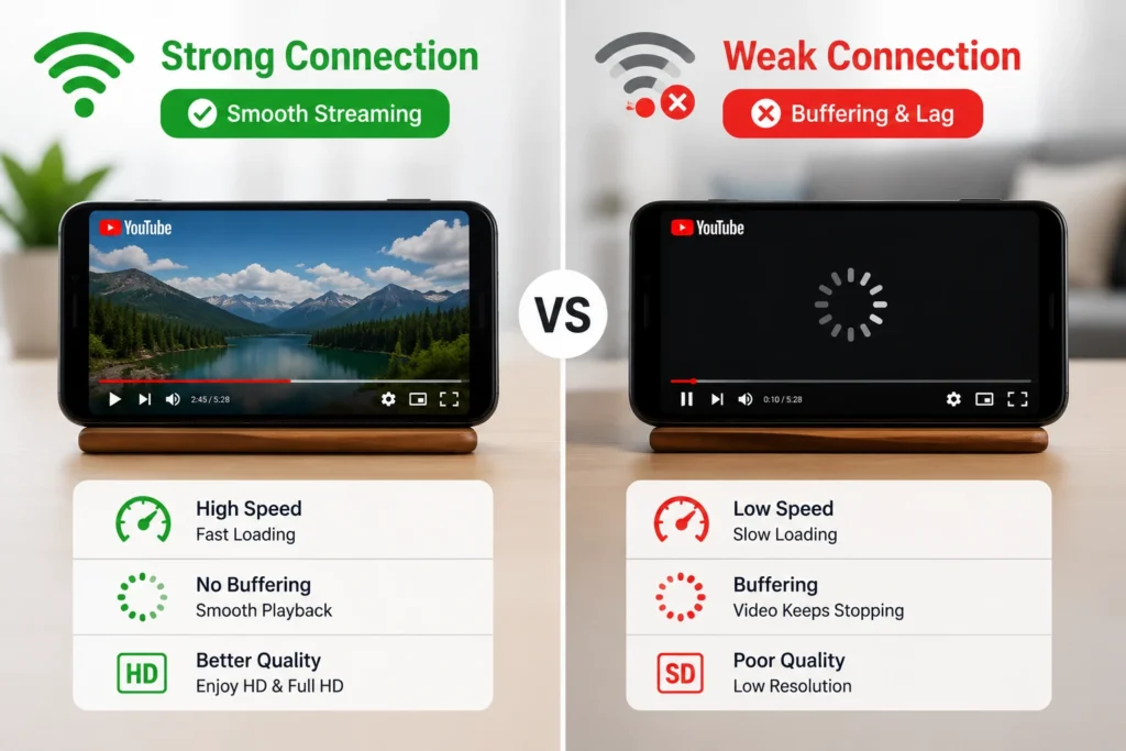 Strong aur weak internet connection ka YouTube buffering par asar