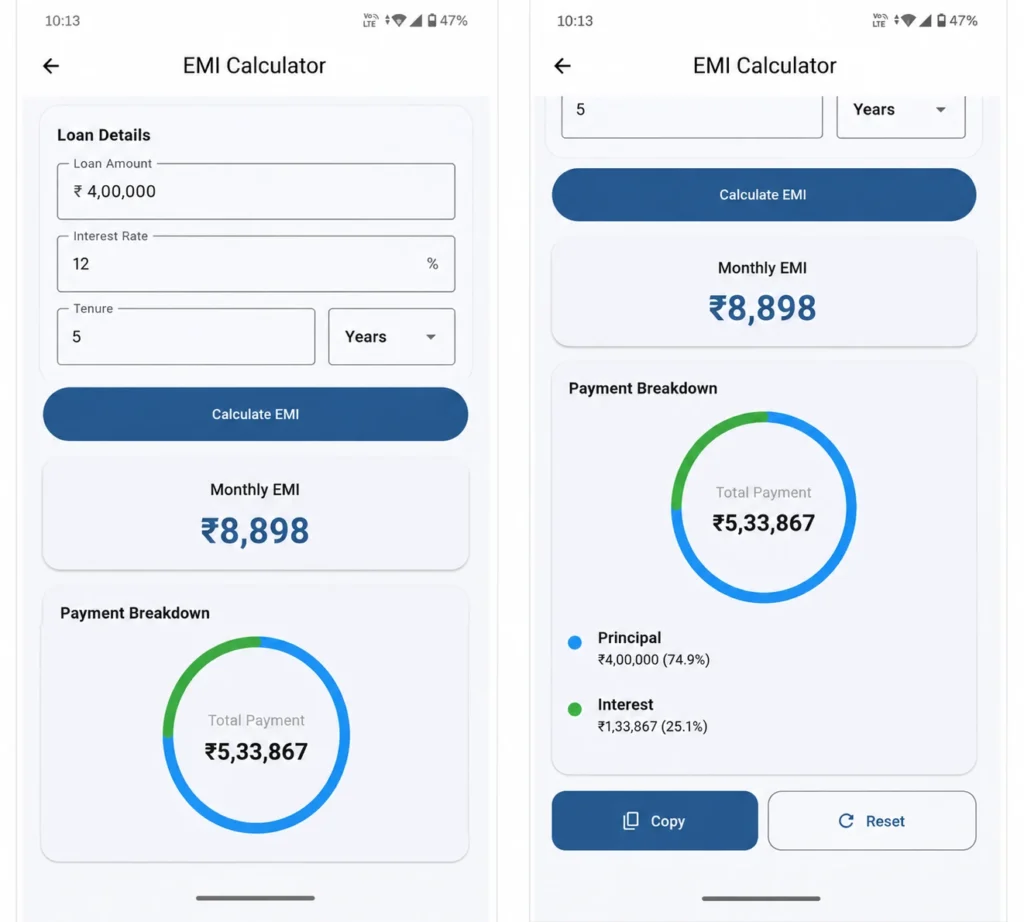 Zaruri EMI Calculator ka input aur payment breakdown screenshot