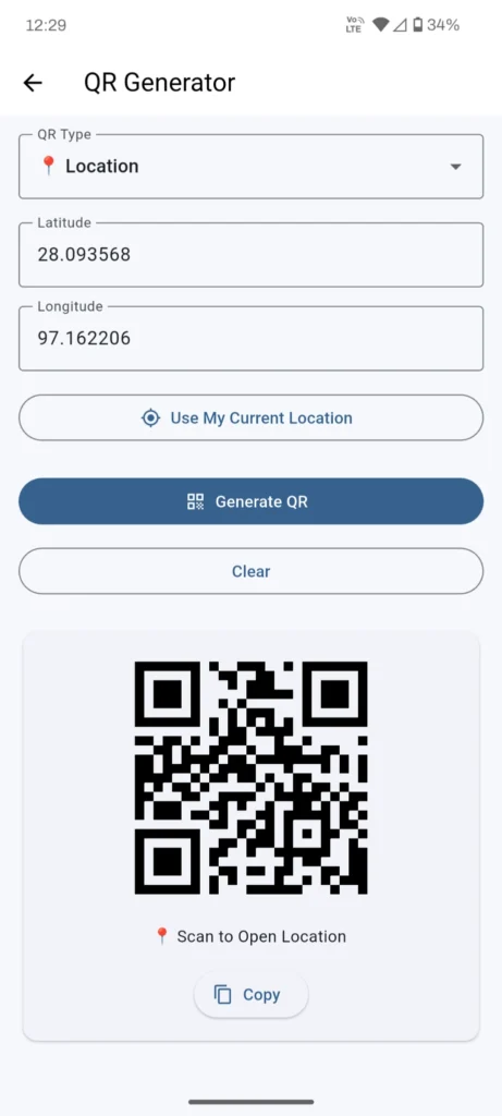 Zaruri QR Generator से लोकेशन का QR कोड बनाने की स्क्रीन