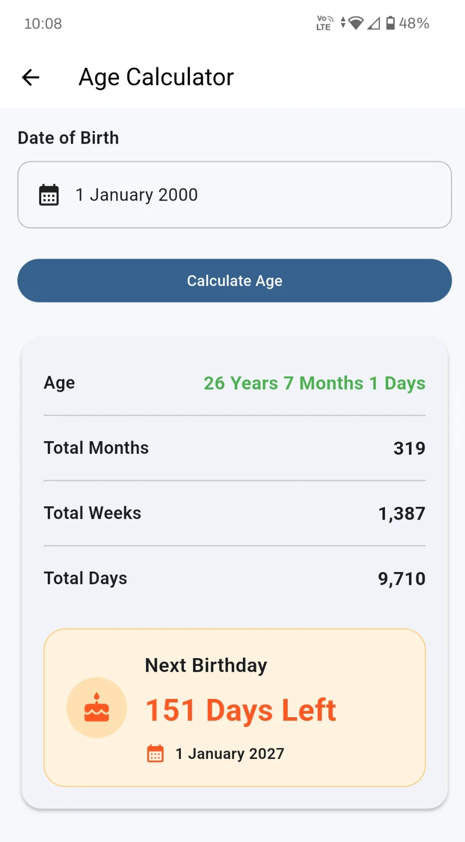 Zaruri Age Calculator में जन्म तिथि से उम्र और अगले जन्मदिन की जानकारी